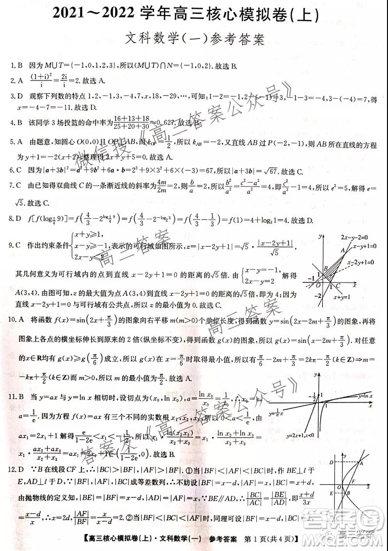 九師聯(lián)盟2021-2022學(xué)年高三核心模擬卷文科數(shù)學(xué)試題及答案