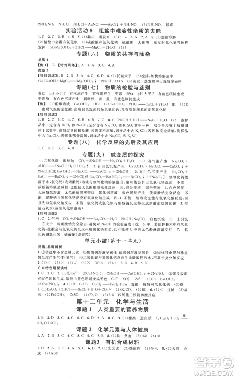 安徽師范大學(xué)出版社2021名校課堂九年級(jí)化學(xué)人教版課堂作業(yè)廣東專版參考答案