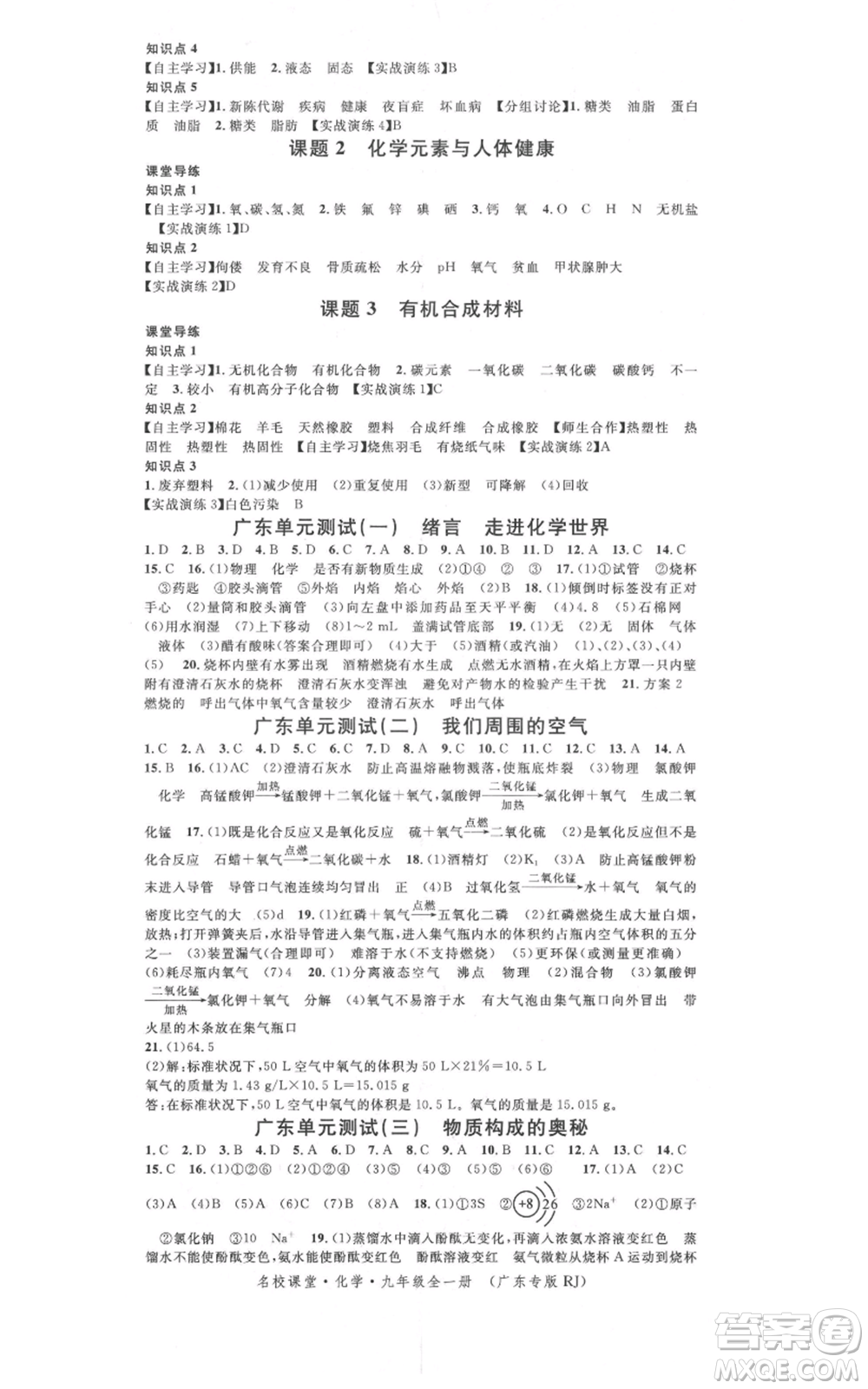 安徽師范大學(xué)出版社2021名校課堂九年級(jí)化學(xué)人教版課堂作業(yè)廣東專版參考答案