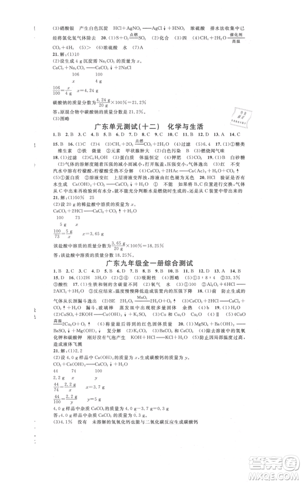 安徽師范大學(xué)出版社2021名校課堂九年級(jí)化學(xué)人教版課堂作業(yè)廣東專版參考答案