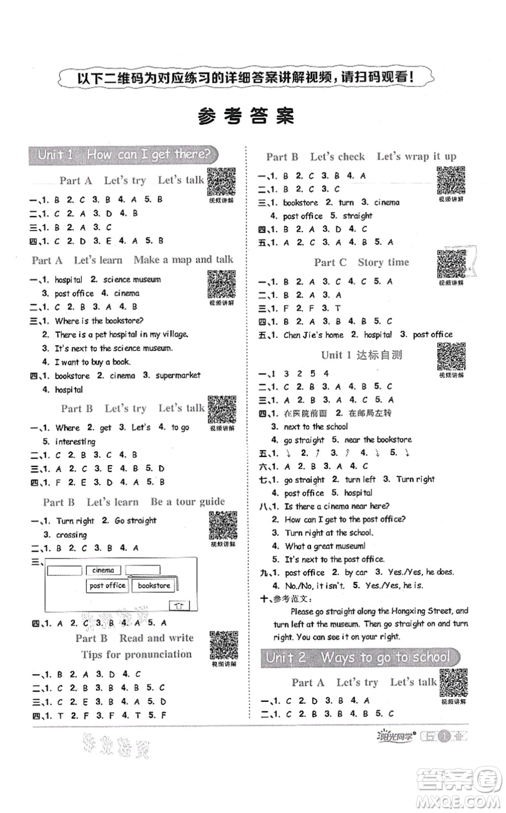 江西教育出版社2021陽光同學課時優(yōu)化作業(yè)六年級英語上冊PEP版答案