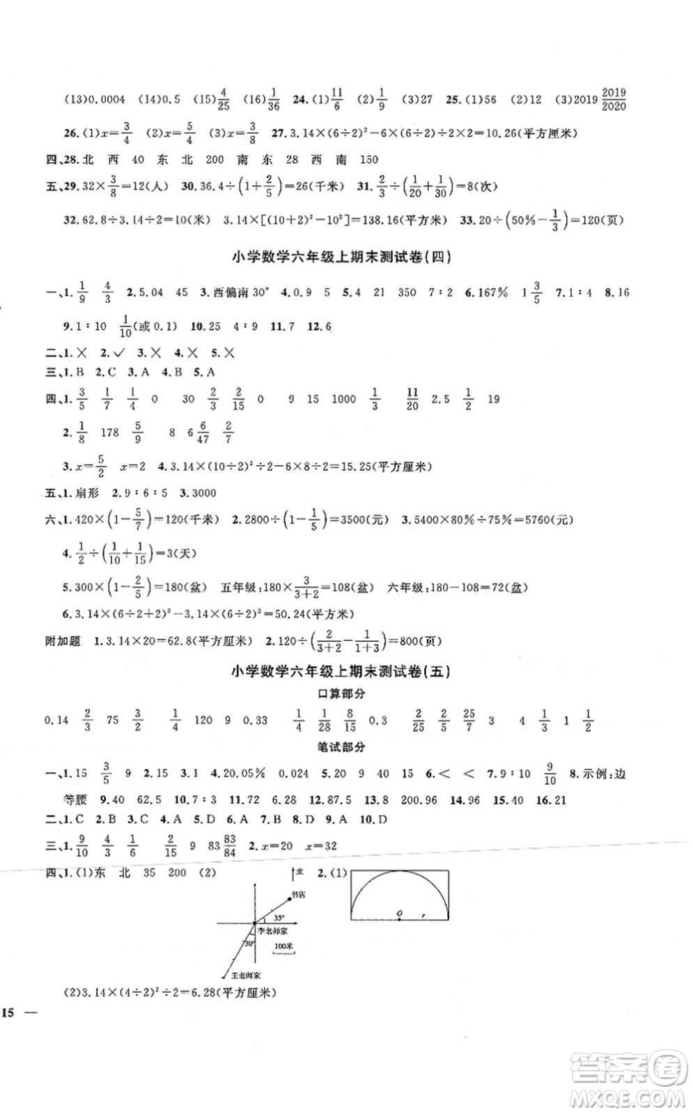 江西教育出版社2021陽光同學課時優(yōu)化作業(yè)六年級數學上冊RJ人教版湖北專版答案