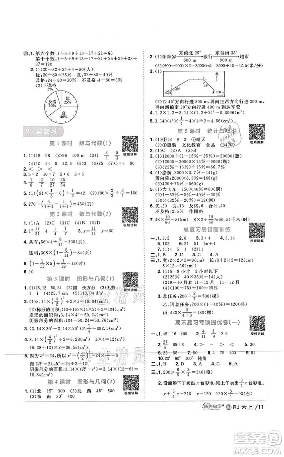 江西教育出版社2021陽光同學(xué)課時(shí)優(yōu)化作業(yè)六年級數(shù)學(xué)上冊RJ人教版江門專版答案