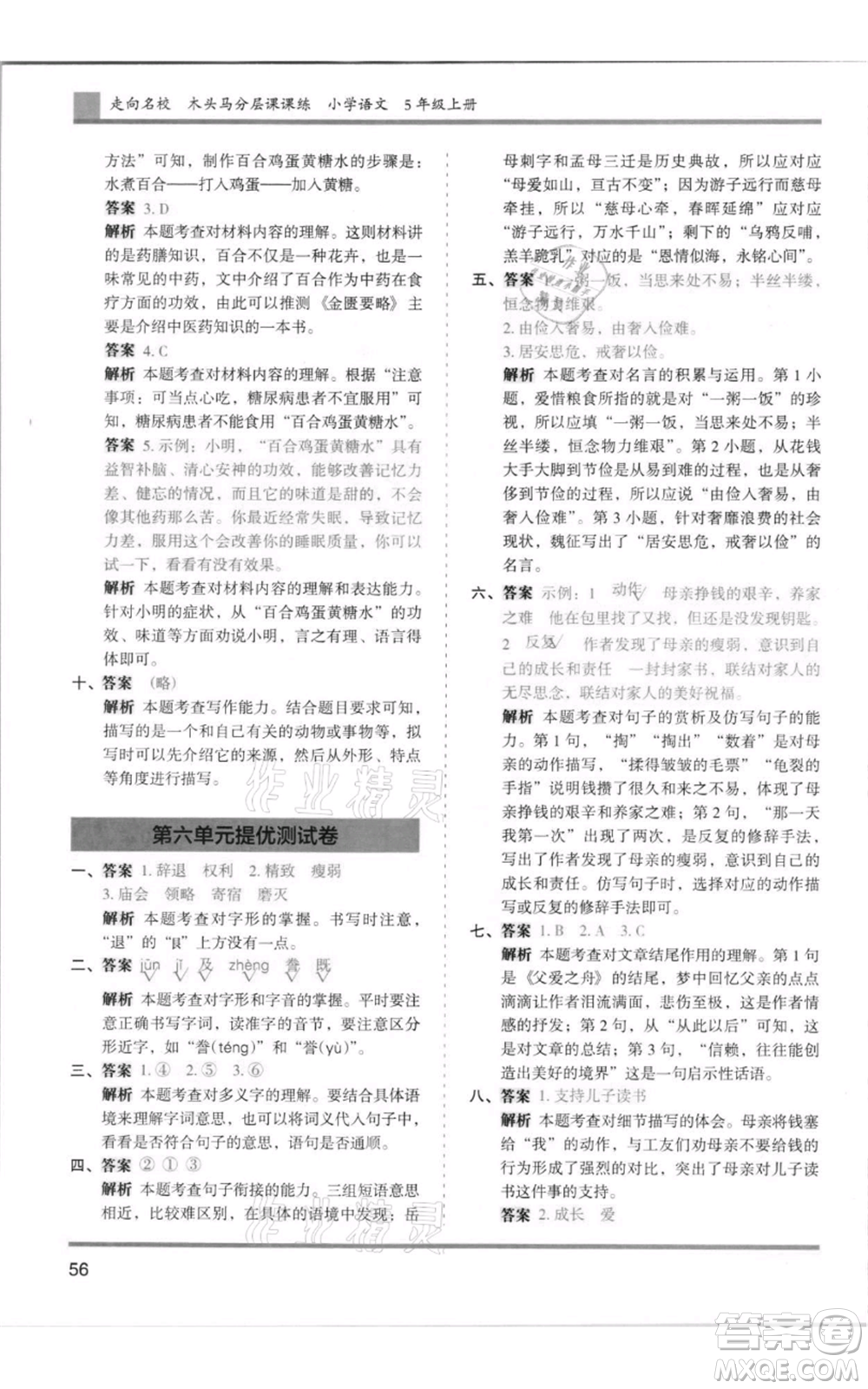 湖南師范大學(xué)出版社2021木頭馬分層課課練五年級上冊語文人教版浙江專版參考答案