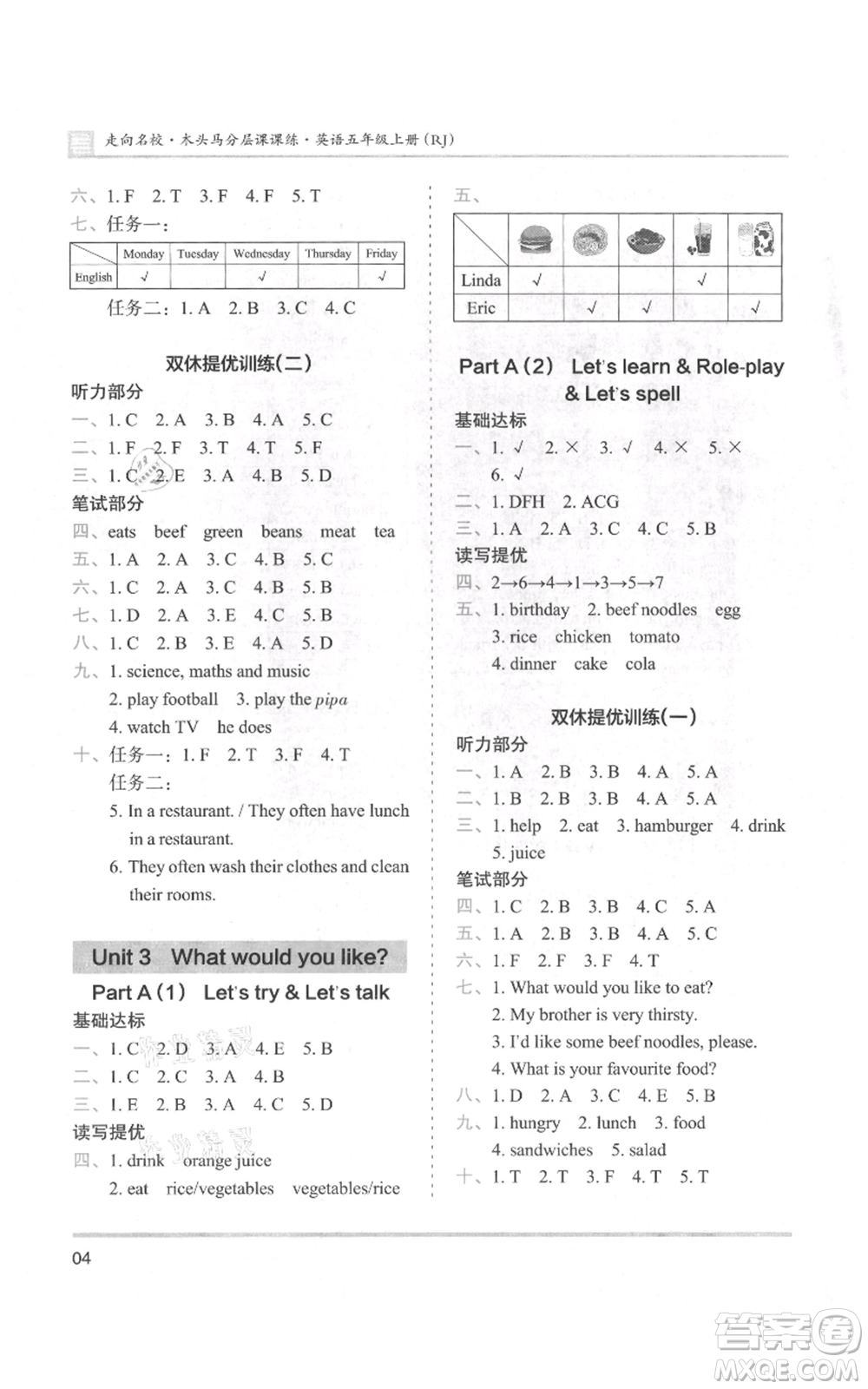 湖南師范大學(xué)出版社2021木頭馬分層課課練五年級(jí)上冊(cè)英語(yǔ)人教版參考答案