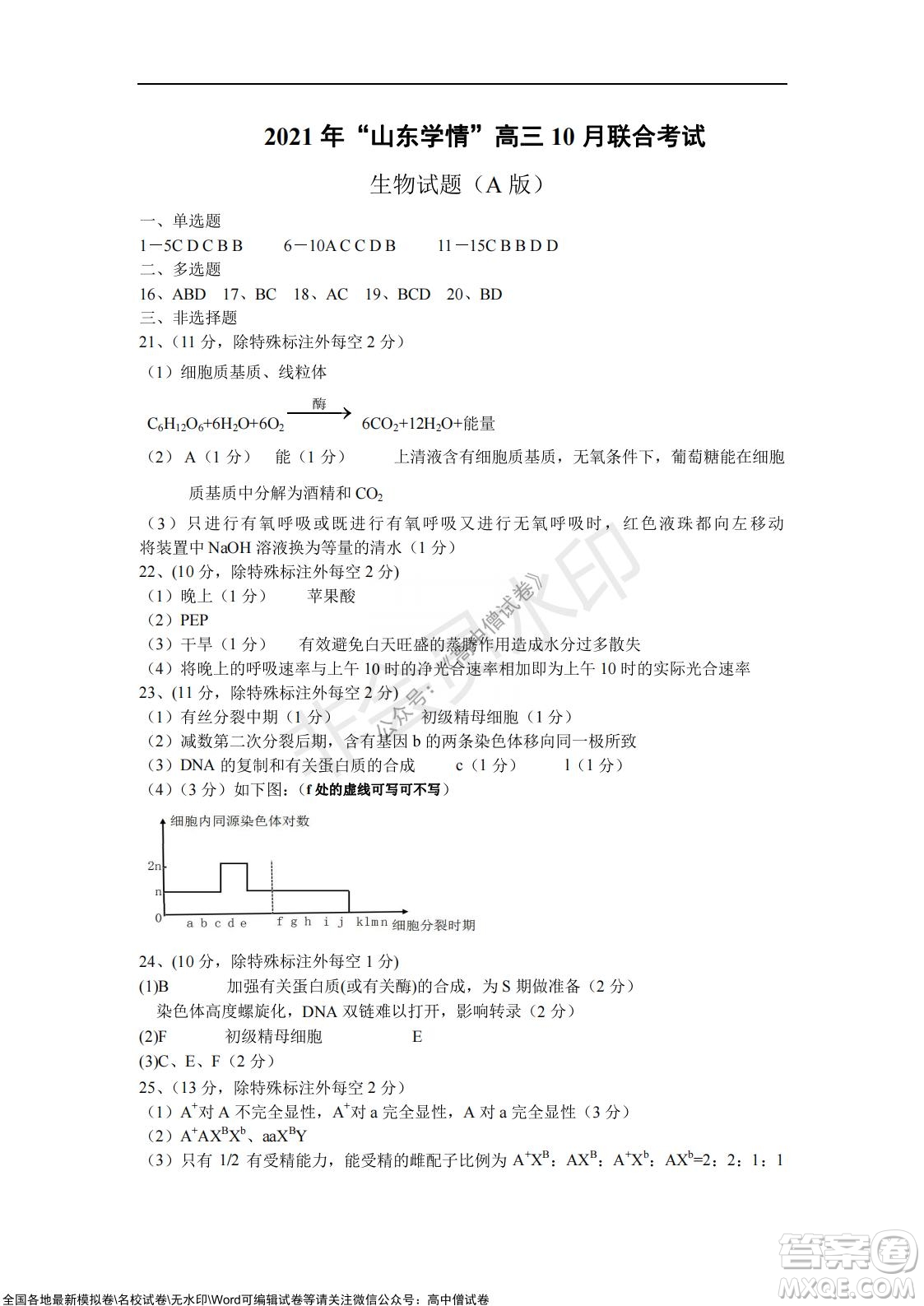 2021年山東學(xué)情高三10月聯(lián)合考試生物試題A卷答案