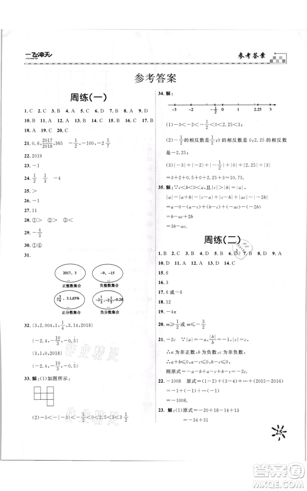 天津人民出版社2021一飛沖天課時(shí)作業(yè)七年級(jí)上冊(cè)數(shù)學(xué)人教版參考答案