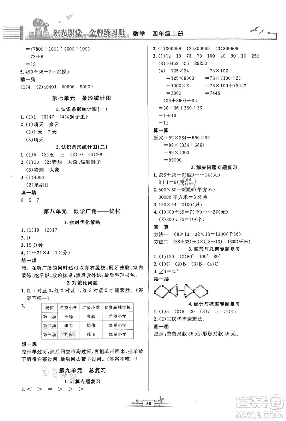 人民教育出版社2021陽(yáng)光課堂金牌練習(xí)冊(cè)四年級(jí)數(shù)學(xué)上冊(cè)人教版福建專版答案