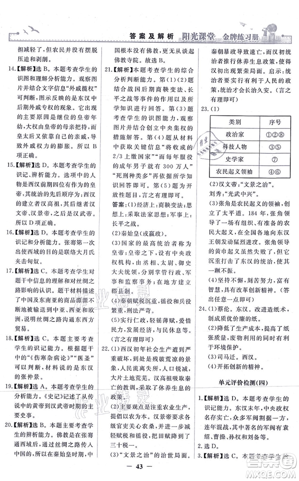 人民教育出版社2021陽光課堂金牌練習(xí)冊七年級歷史上冊人教版答案