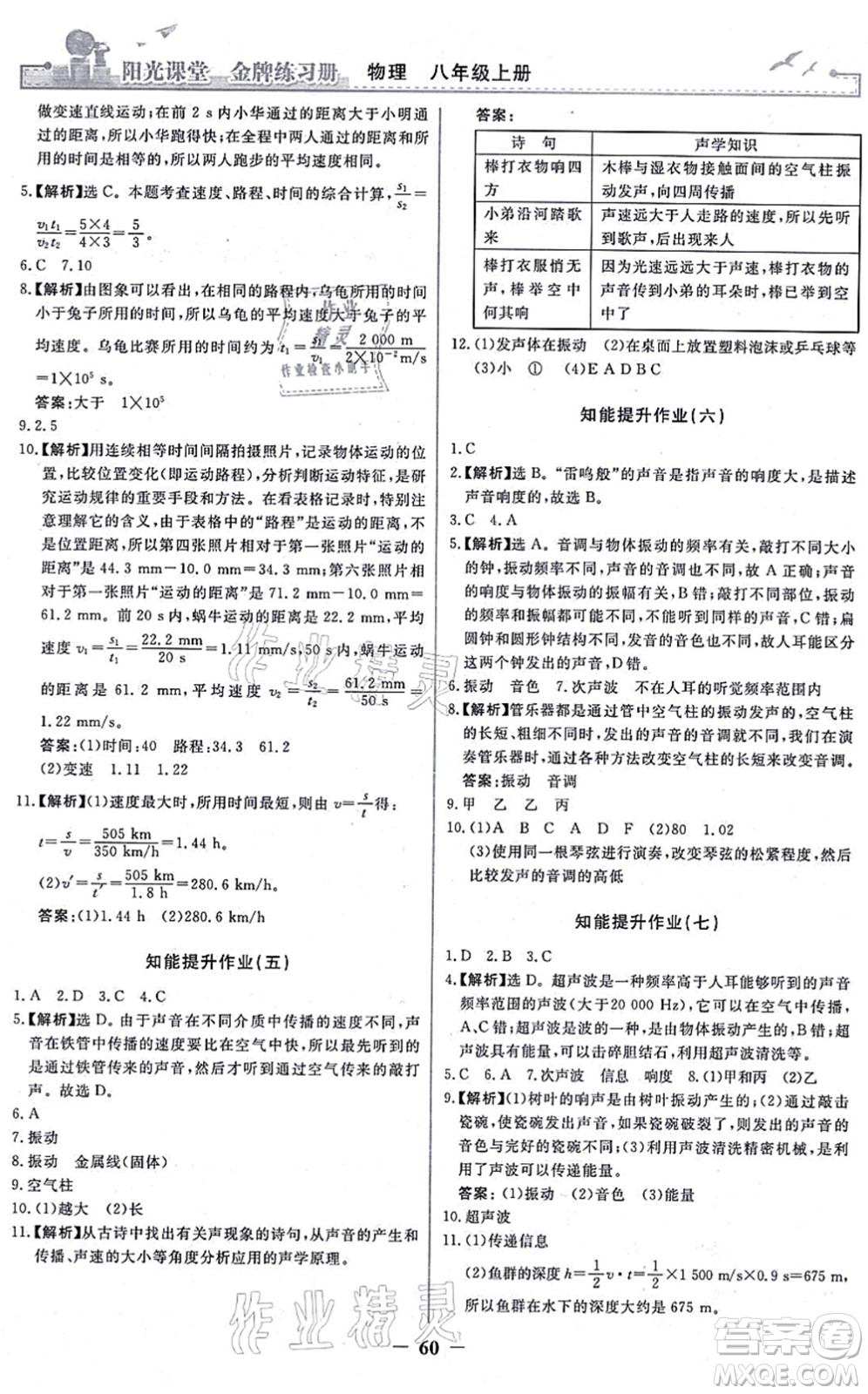 人民教育出版社2021陽光課堂金牌練習(xí)冊八年級物理上冊人教版答案