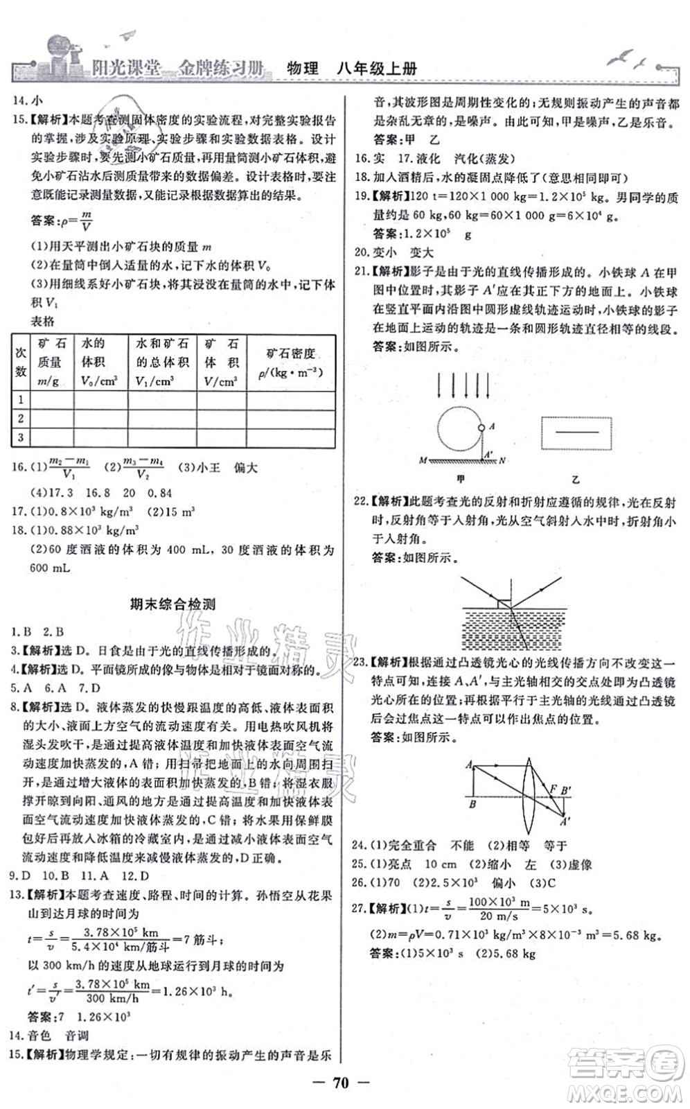 人民教育出版社2021陽光課堂金牌練習(xí)冊八年級物理上冊人教版答案