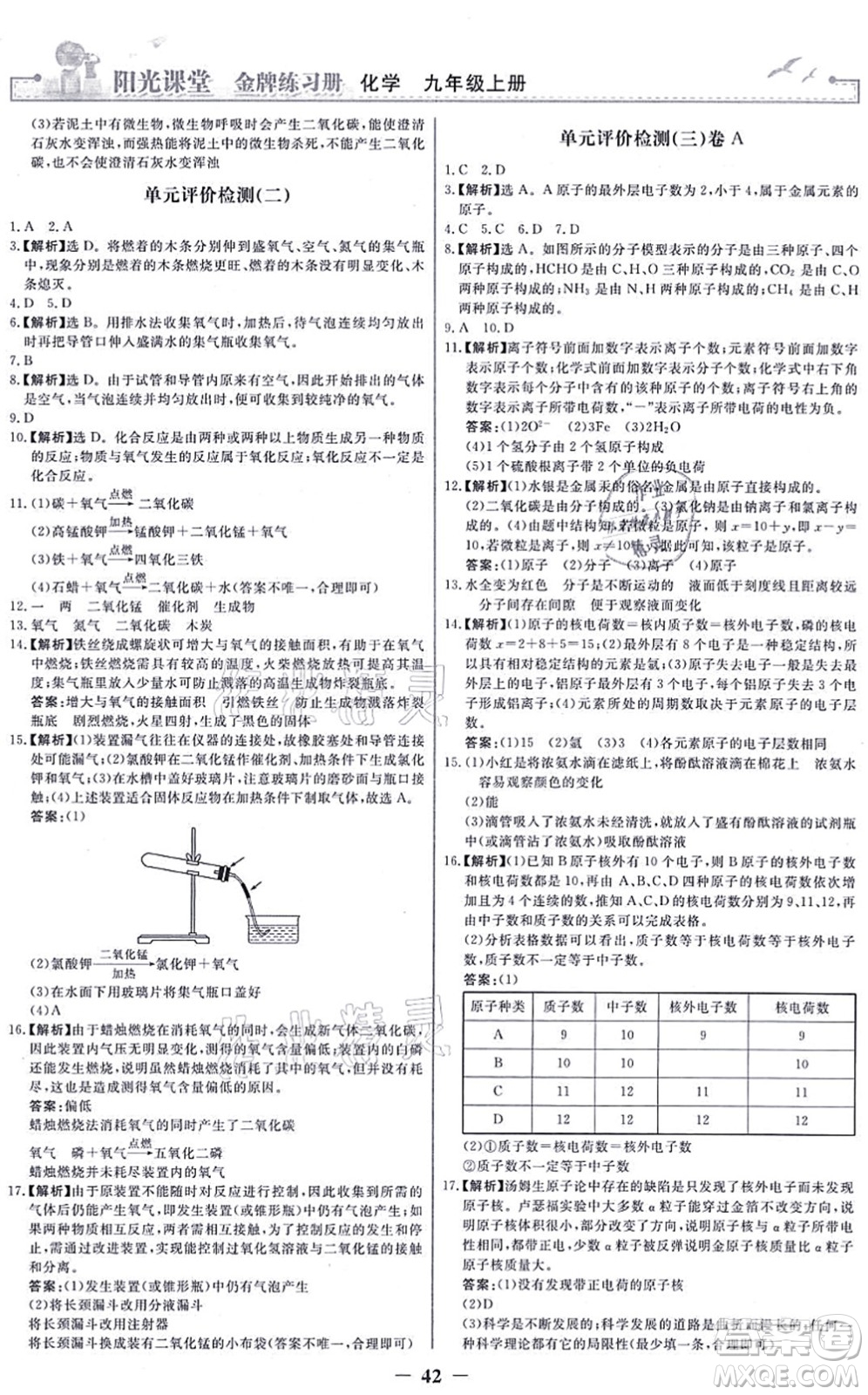 人民教育出版社2021陽光課堂金牌練習(xí)冊九年級(jí)化學(xué)上冊人教版答案