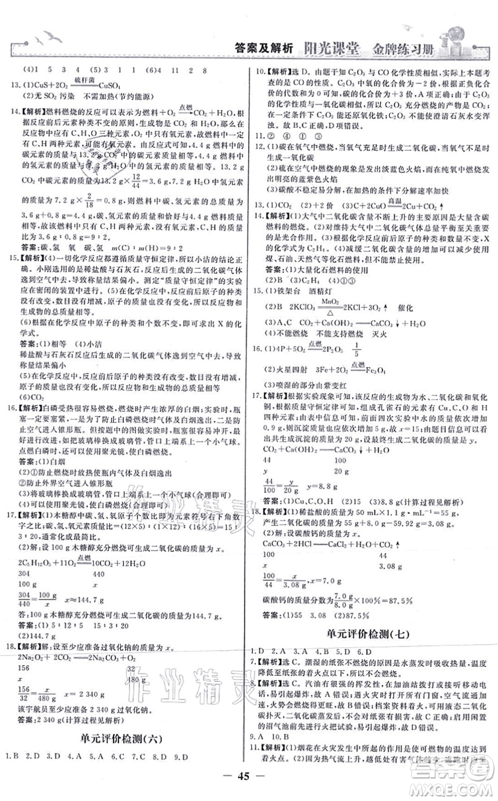 人民教育出版社2021陽光課堂金牌練習(xí)冊九年級(jí)化學(xué)上冊人教版答案