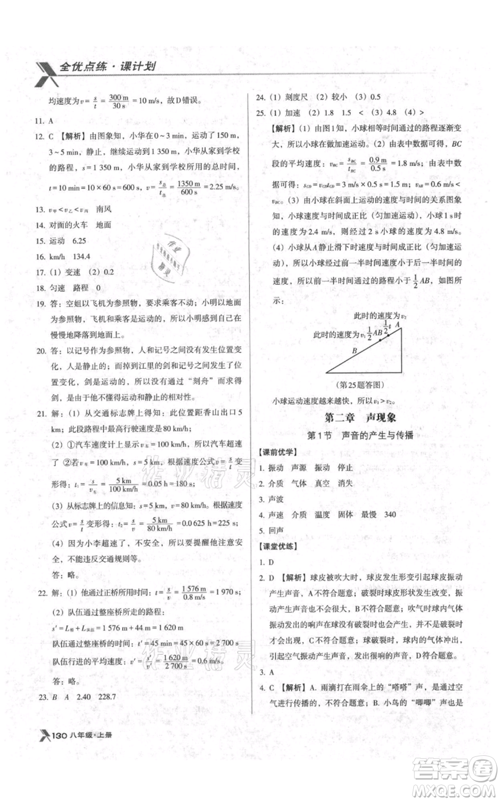 遼海出版社2021全優(yōu)點(diǎn)練課計劃八年級上冊物理人教版參考答案