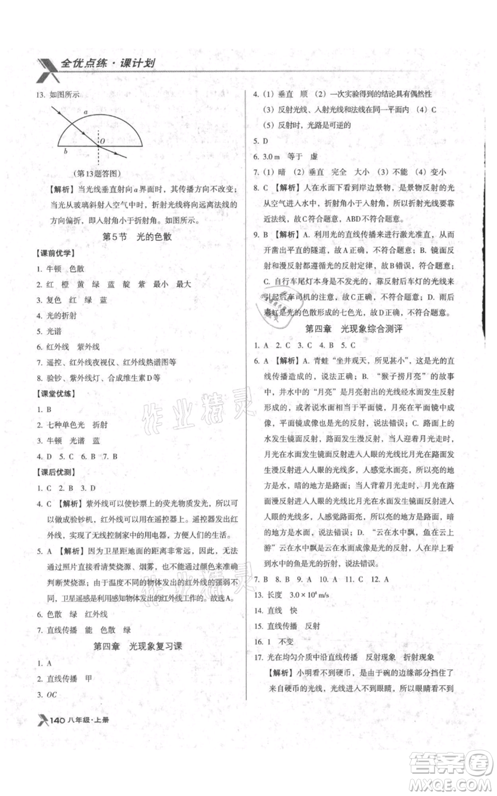 遼海出版社2021全優(yōu)點(diǎn)練課計劃八年級上冊物理人教版參考答案