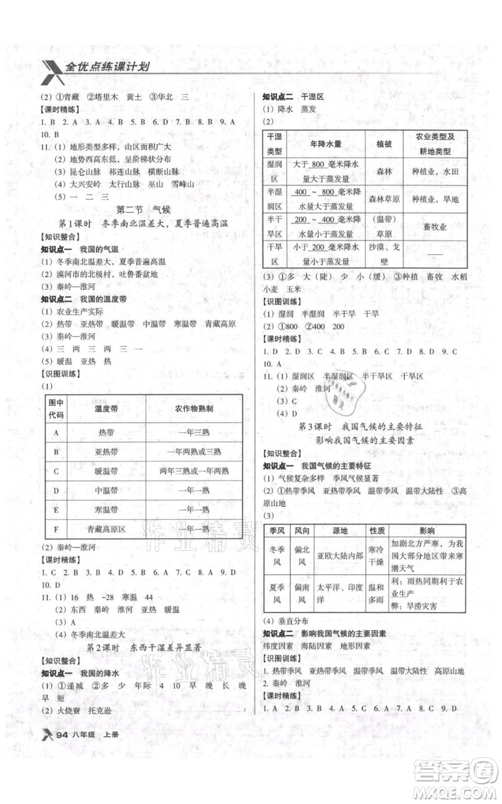 中國(guó)地圖出版社2021全優(yōu)點(diǎn)練課計(jì)劃八年級(jí)上冊(cè)地理人教版參考答案