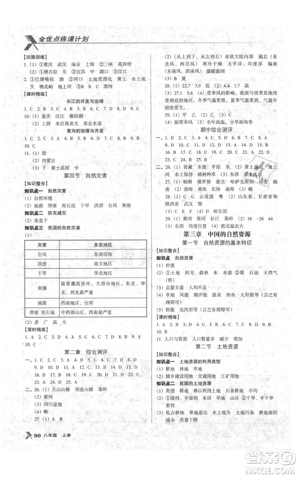 中國(guó)地圖出版社2021全優(yōu)點(diǎn)練課計(jì)劃八年級(jí)上冊(cè)地理人教版參考答案