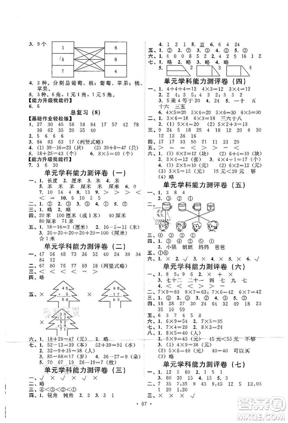 人民教育出版社2021能力培養(yǎng)與測試二年級數(shù)學(xué)上冊人教版答案