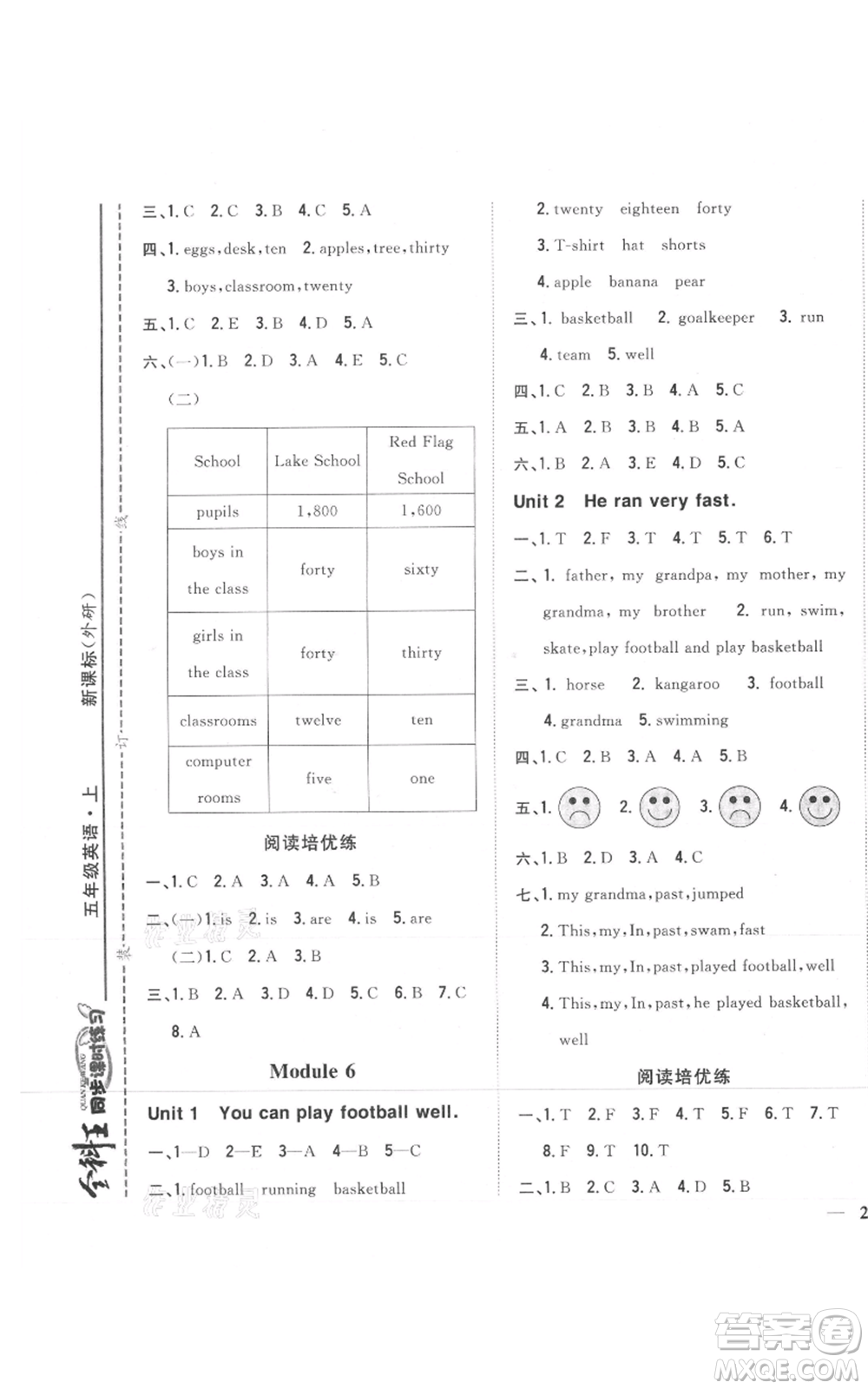 吉林人民出版社2021全科王同步課時(shí)練習(xí)五年級(jí)上冊(cè)英語外研版參考答案