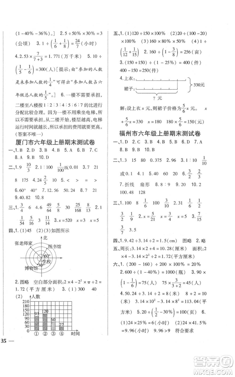 吉林人民出版社2021全科王同步課時練習(xí)校本作業(yè)六年級上冊數(shù)學(xué)人教版福建專版參考答案