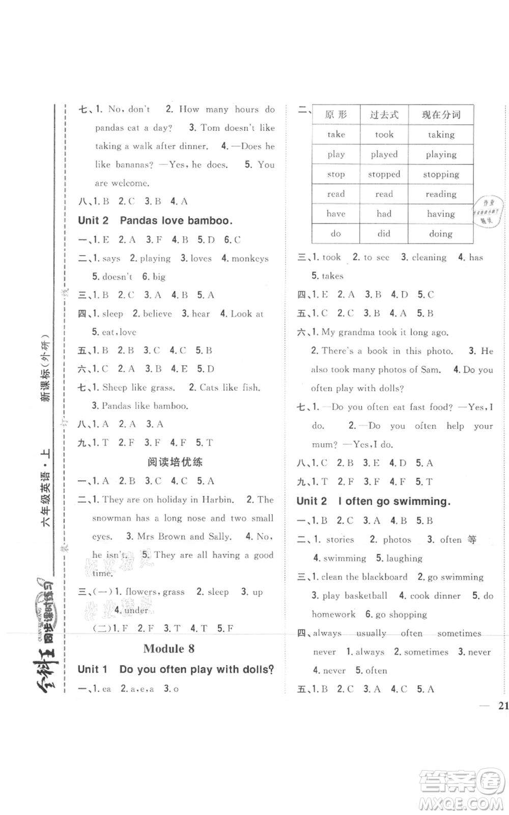 吉林人民出版社2021全科王同步課時(shí)練習(xí)六年級(jí)上冊(cè)英語(yǔ)外研版參考答案