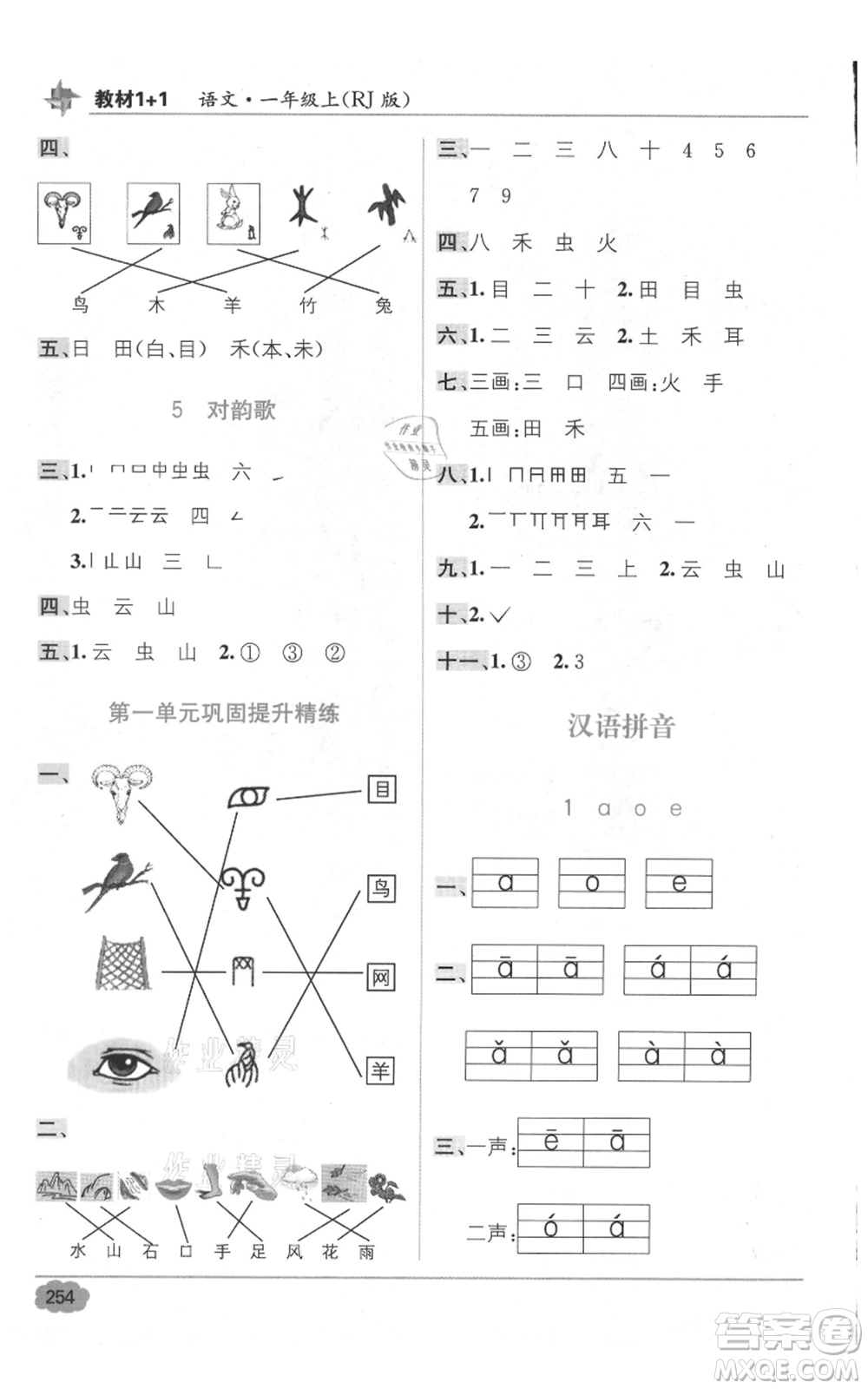 新疆青少年出版社2021教材1+1全解精練一年級上冊語文人教版參考答案