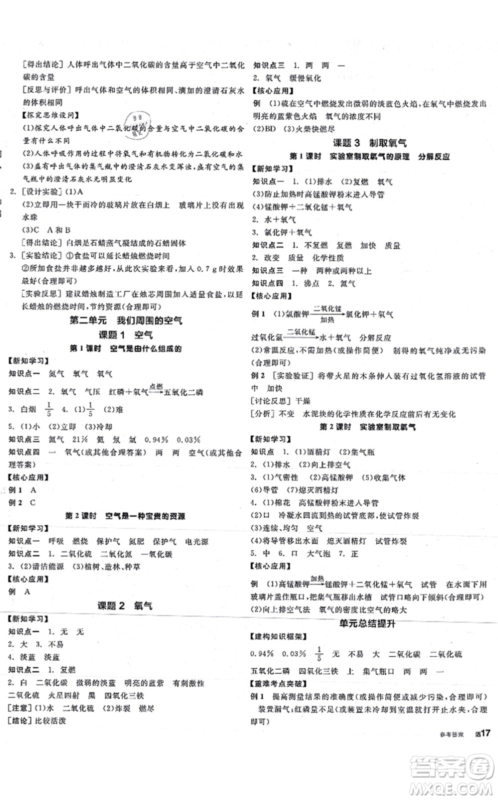 陽光出版社2021全品學(xué)練考聽課手冊(cè)九年級(jí)化學(xué)RJ人教版答案