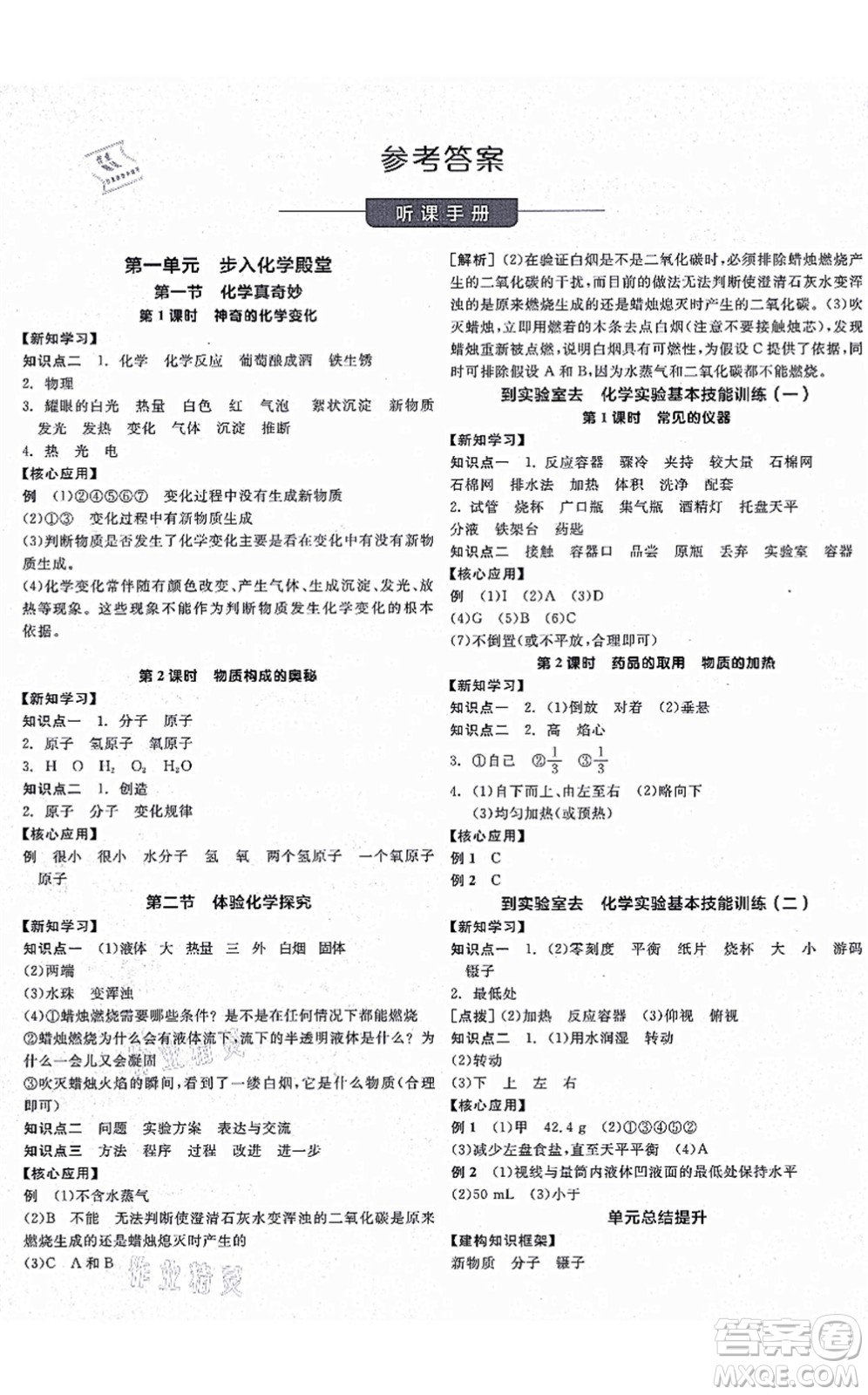 陽光出版社2021全品學練考聽課手冊九年級化學上冊LJ魯教版答案