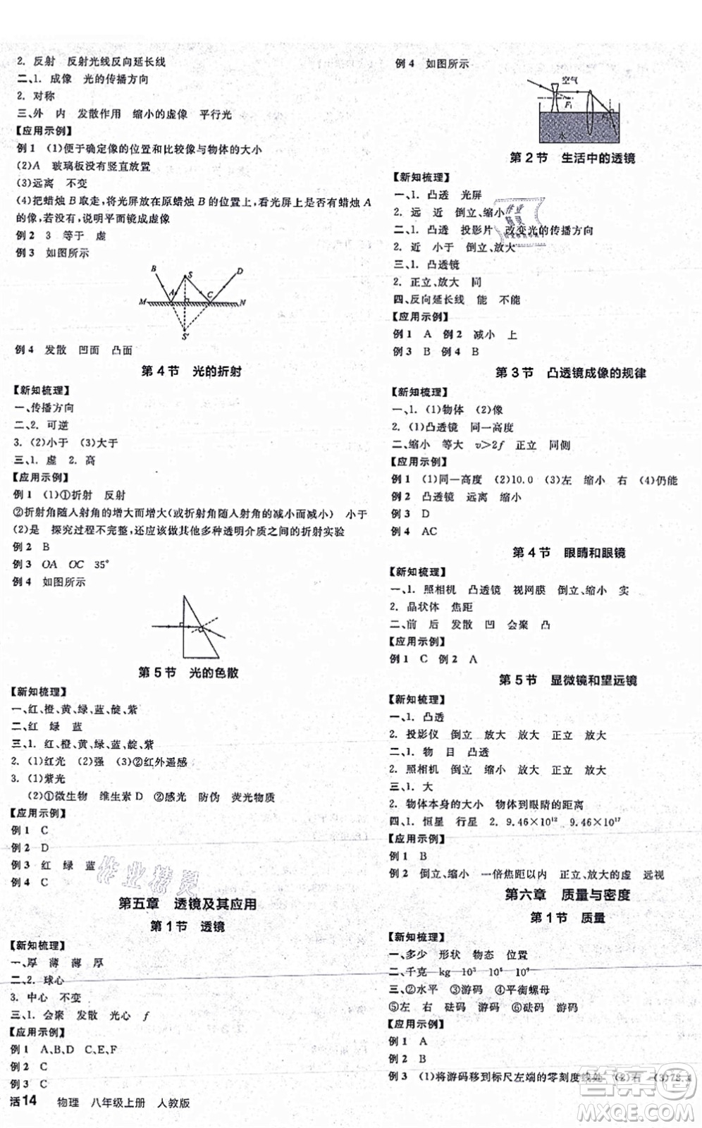 陽光出版社2021全品學練考聽課手冊八年級物理上冊RJ人教版江西專版答案