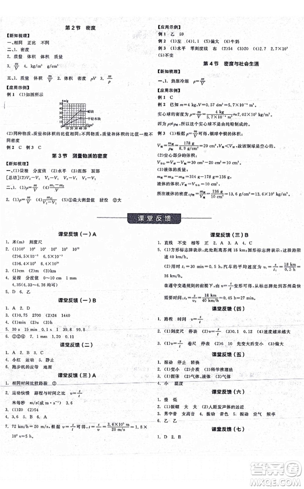 陽光出版社2021全品學練考聽課手冊八年級物理上冊RJ人教版江西專版答案