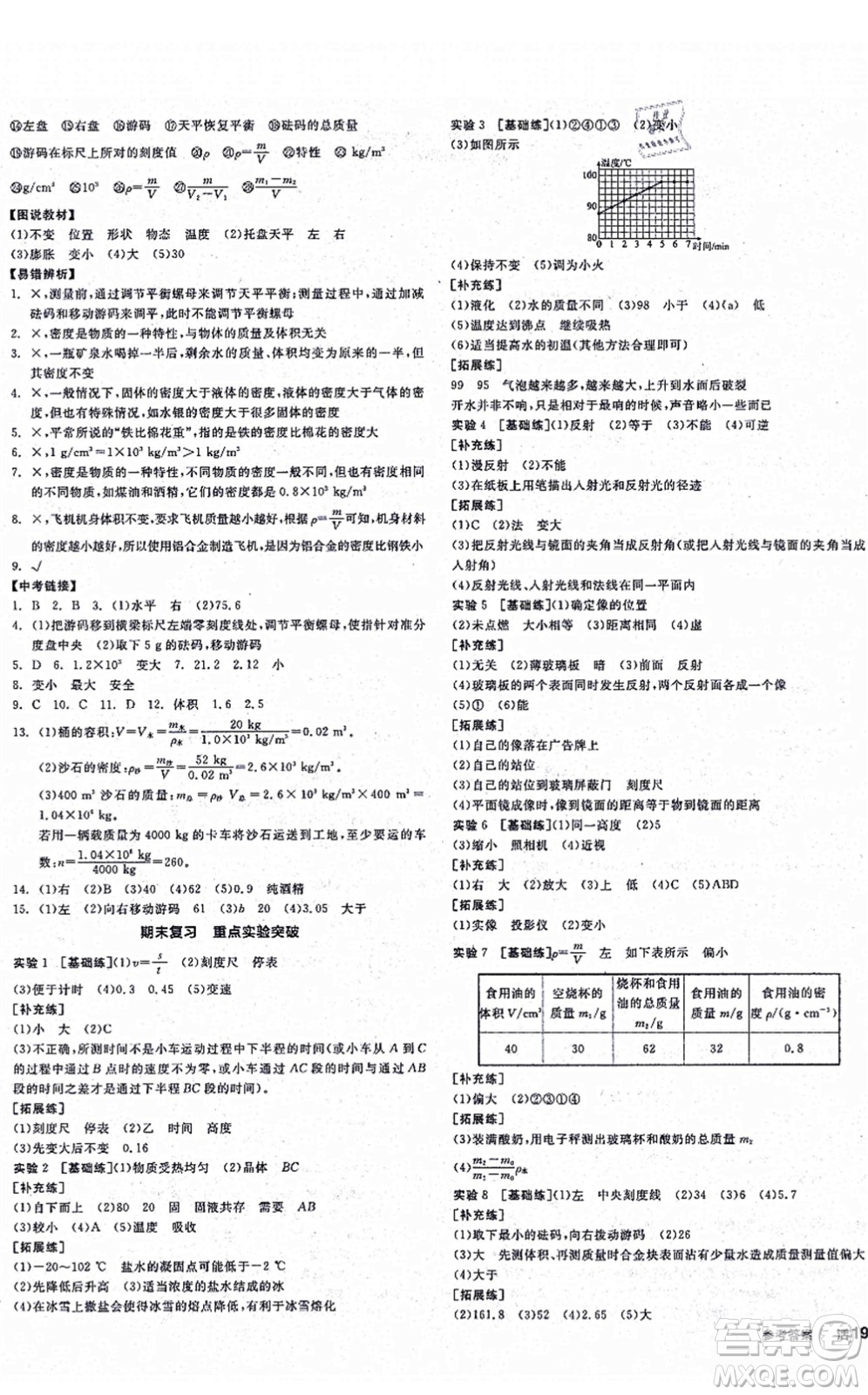 陽光出版社2021全品學練考聽課手冊八年級物理上冊RJ人教版江西專版答案