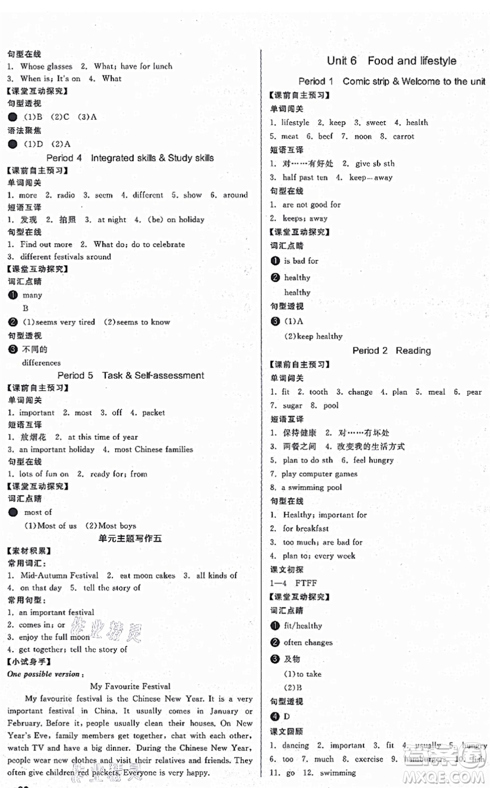 陽光出版社2021全品學練考聽課手冊七年級英語上冊YLNJ譯林牛津版答案