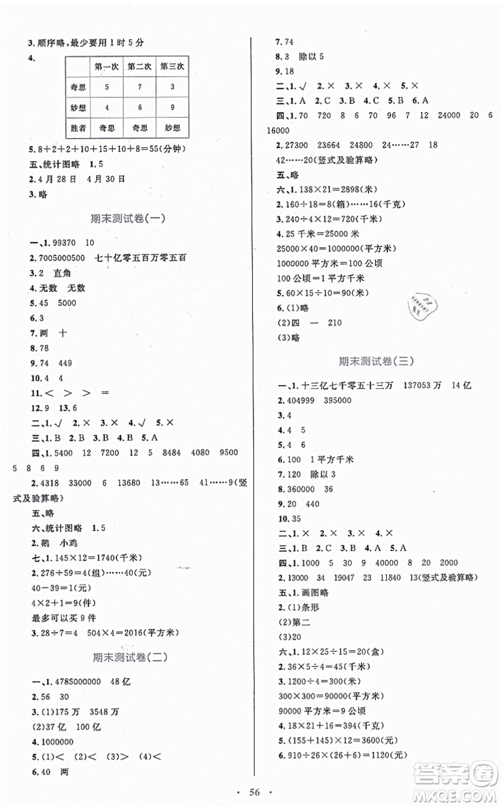 內(nèi)蒙古教育出版社2021小學(xué)同步學(xué)習(xí)目標與檢測四年級數(shù)學(xué)上冊人教版答案