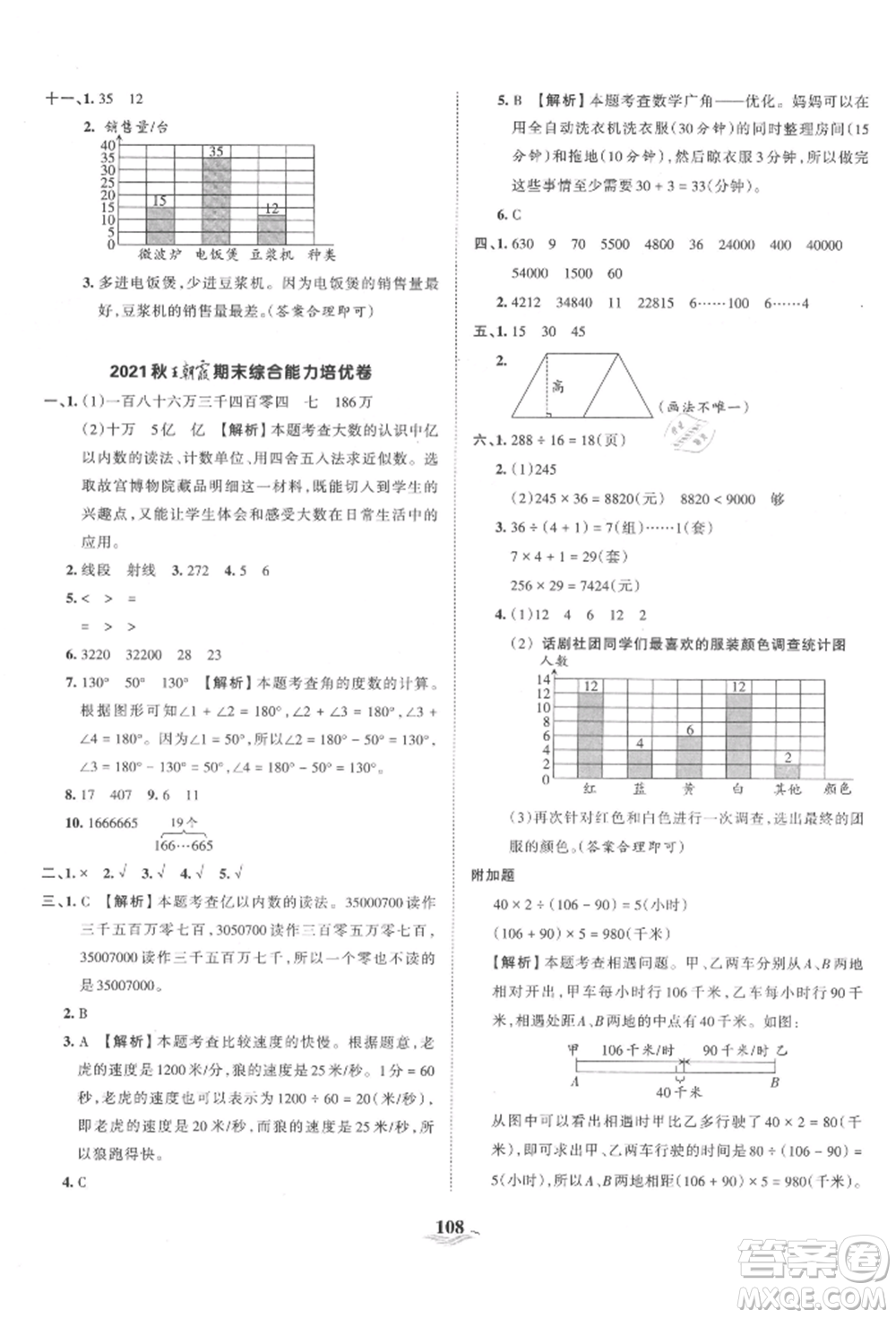 江西人民出版社2021王朝霞培優(yōu)100分四年級上冊數(shù)學人教版參考答案