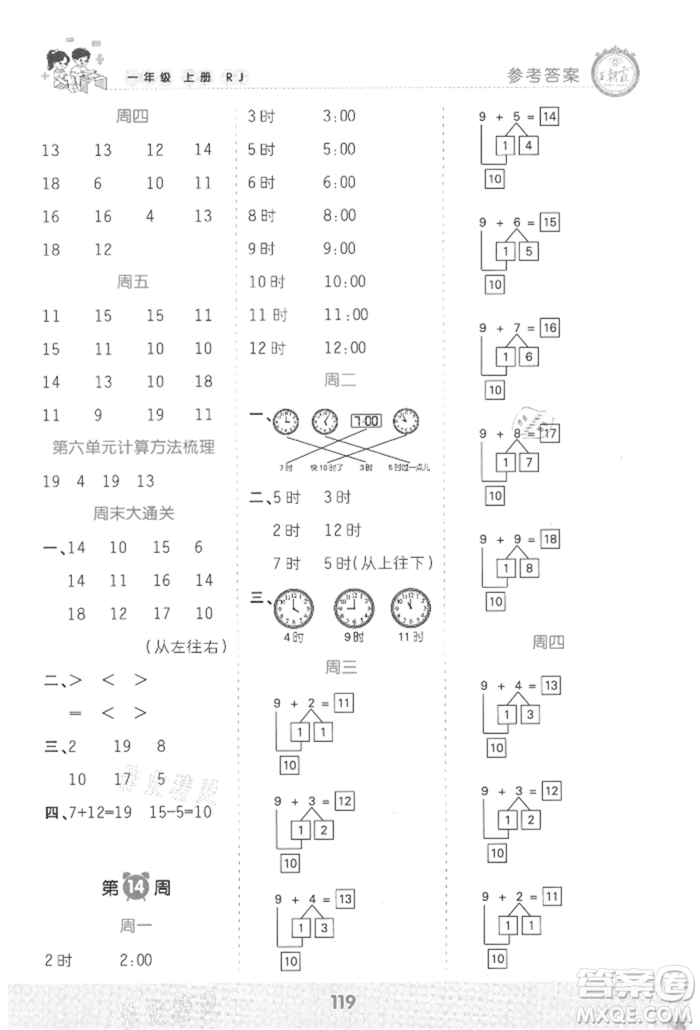 江西人民出版社2021王朝霞口算小達(dá)人一年級上冊數(shù)學(xué)人教版參考答案