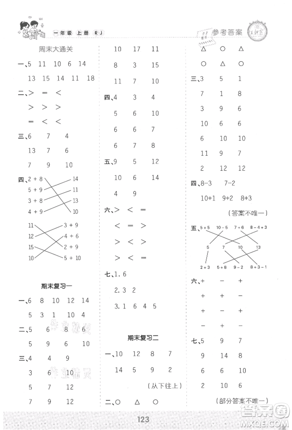 江西人民出版社2021王朝霞口算小達(dá)人一年級上冊數(shù)學(xué)人教版參考答案