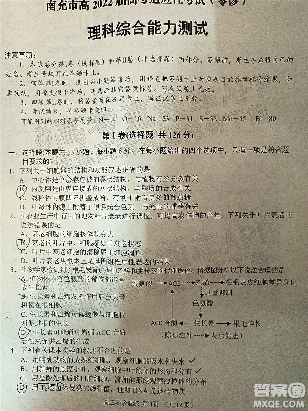 南充市高2022屆高考適應性考試零診理科綜合試題及答案