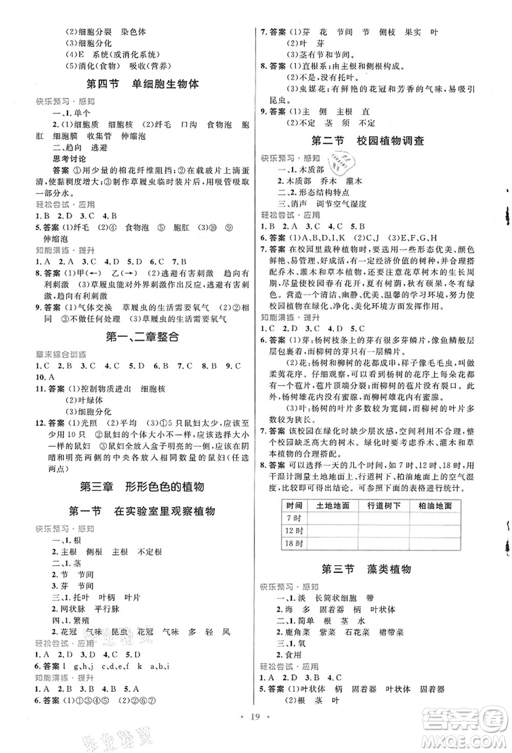 知識出版社2021初中同步測控優(yōu)化設(shè)計七年級生物上冊冀少版福建專版答案