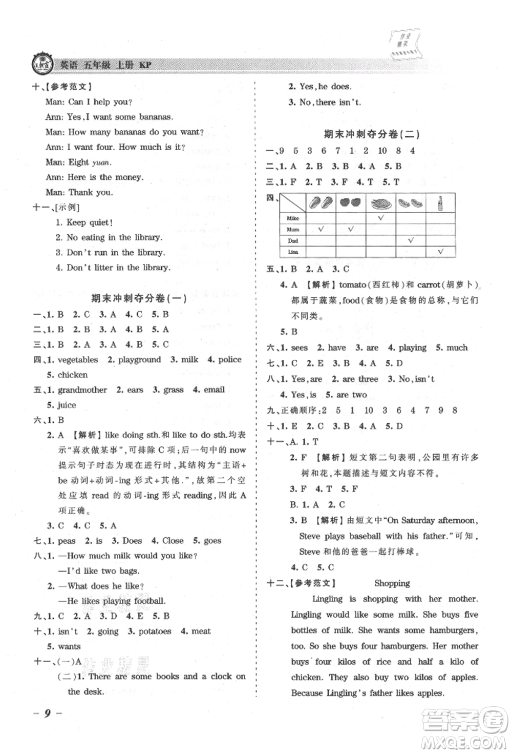 江西人民出版社2021王朝霞考點梳理時習(xí)卷五年級上冊英語科普版參考答案