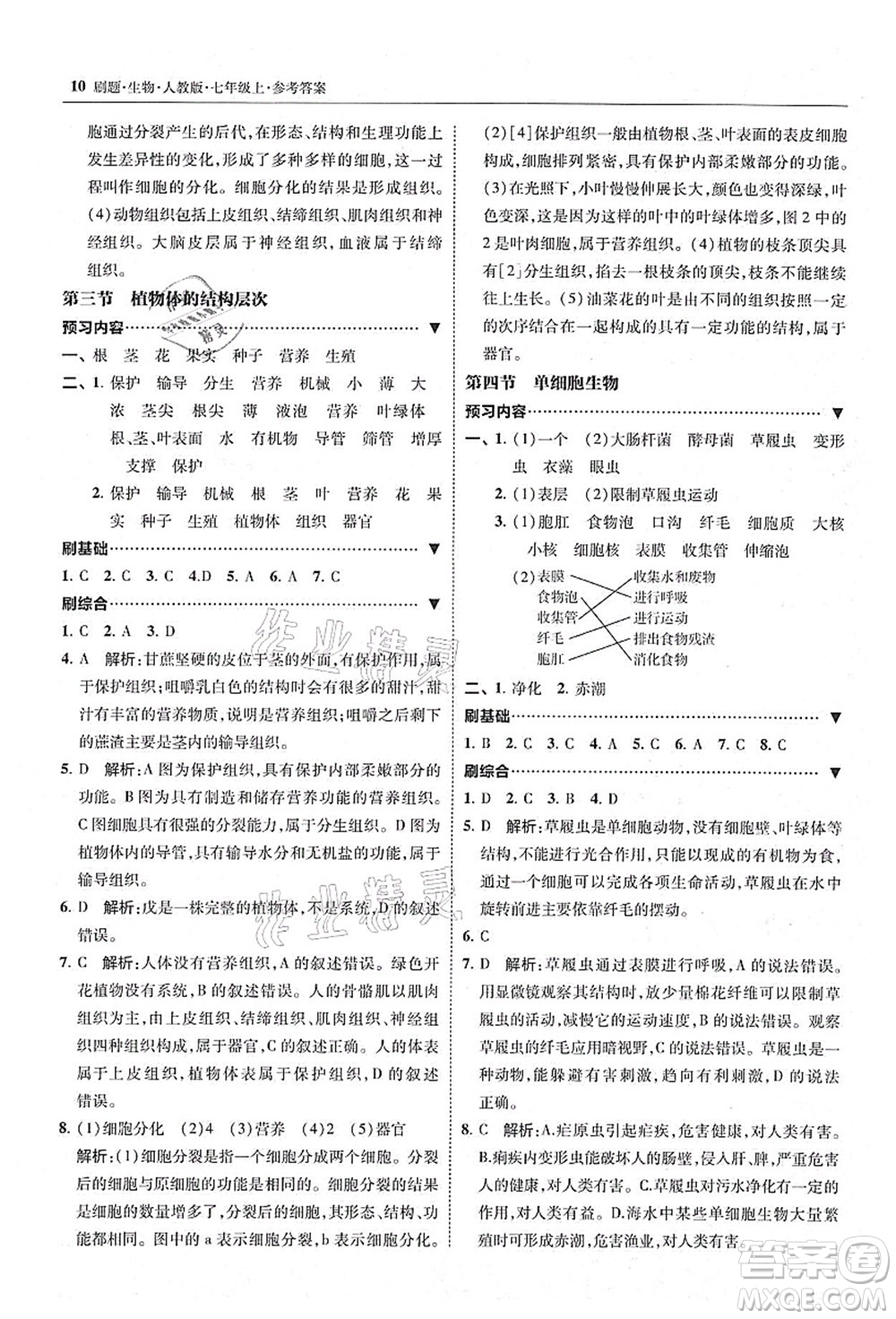 東北師范大學(xué)出版社2021北大綠卡刷題七年級(jí)生物上冊(cè)人教版答案