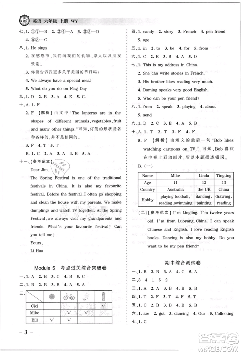 江西人民出版社2021王朝霞考點(diǎn)梳理時(shí)習(xí)卷六年級上冊英語外研版參考答案