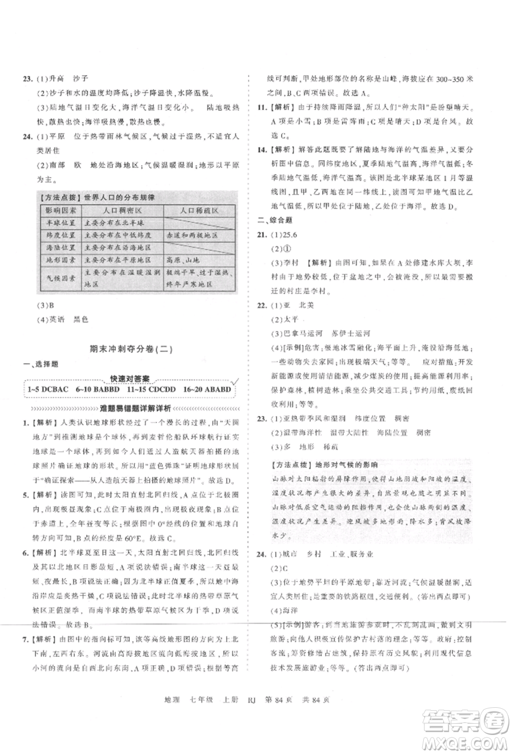 江西人民出版社2021王朝霞考點梳理時習卷七年級上冊地理人教版參考答案