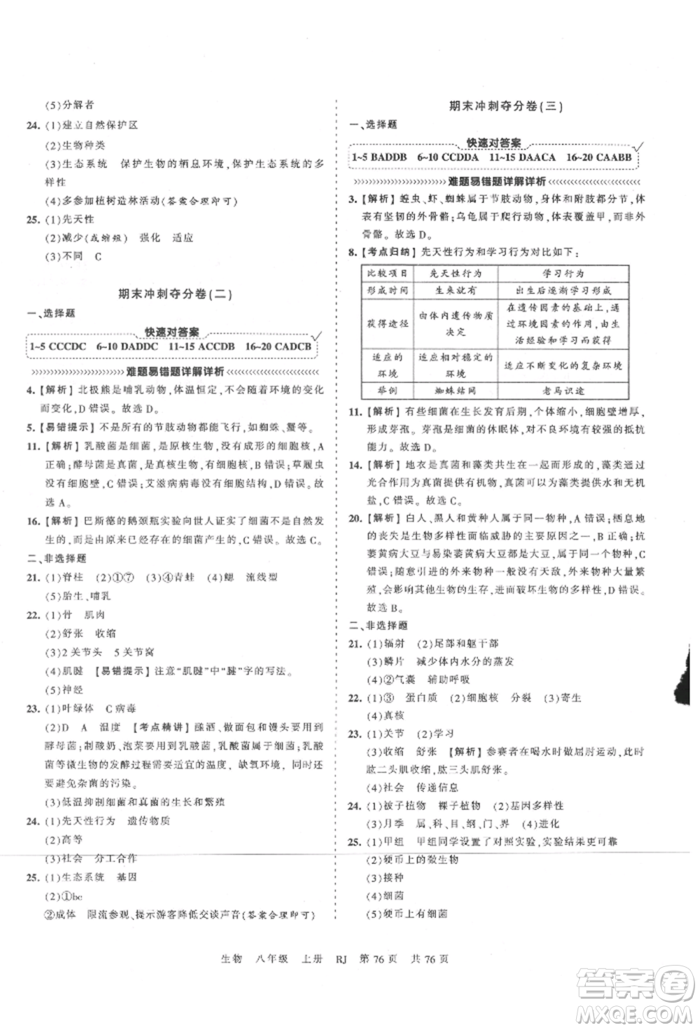 江西人民出版社2021王朝霞考點(diǎn)梳理時(shí)習(xí)卷八年級(jí)上冊(cè)生物人教版參考答案