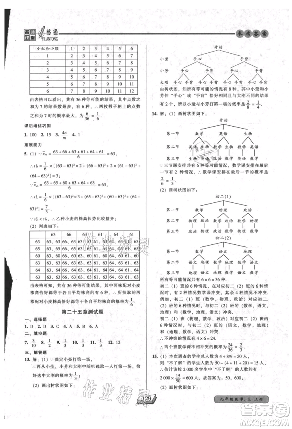 黑龍江美術(shù)出版社2021名師課堂一練通九年級上冊數(shù)學人教版參考答案