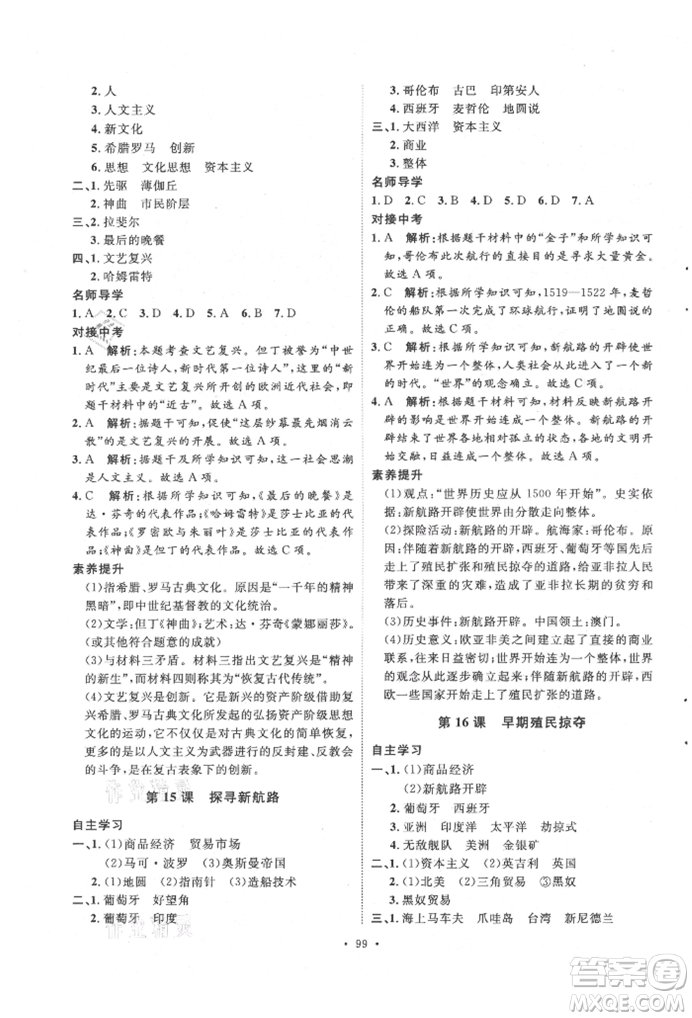 陜西人民出版社2021實驗教材新學案九年級上冊歷史人教版參考答案