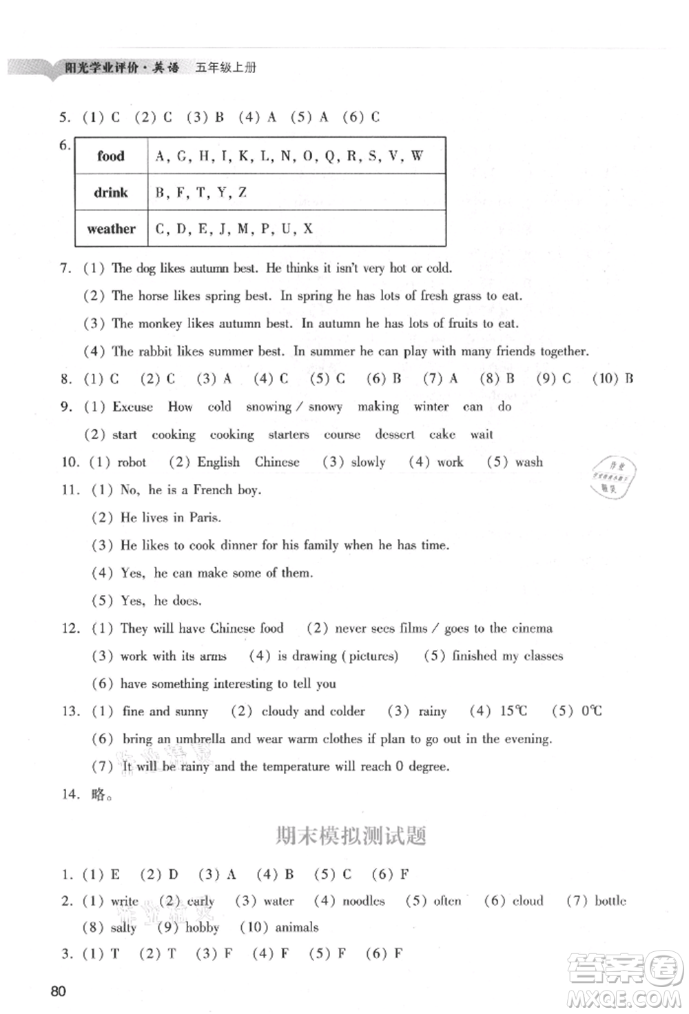 廣州出版社2021陽光學(xué)業(yè)評(píng)價(jià)五年級(jí)上冊(cè)英語教科版參考答案