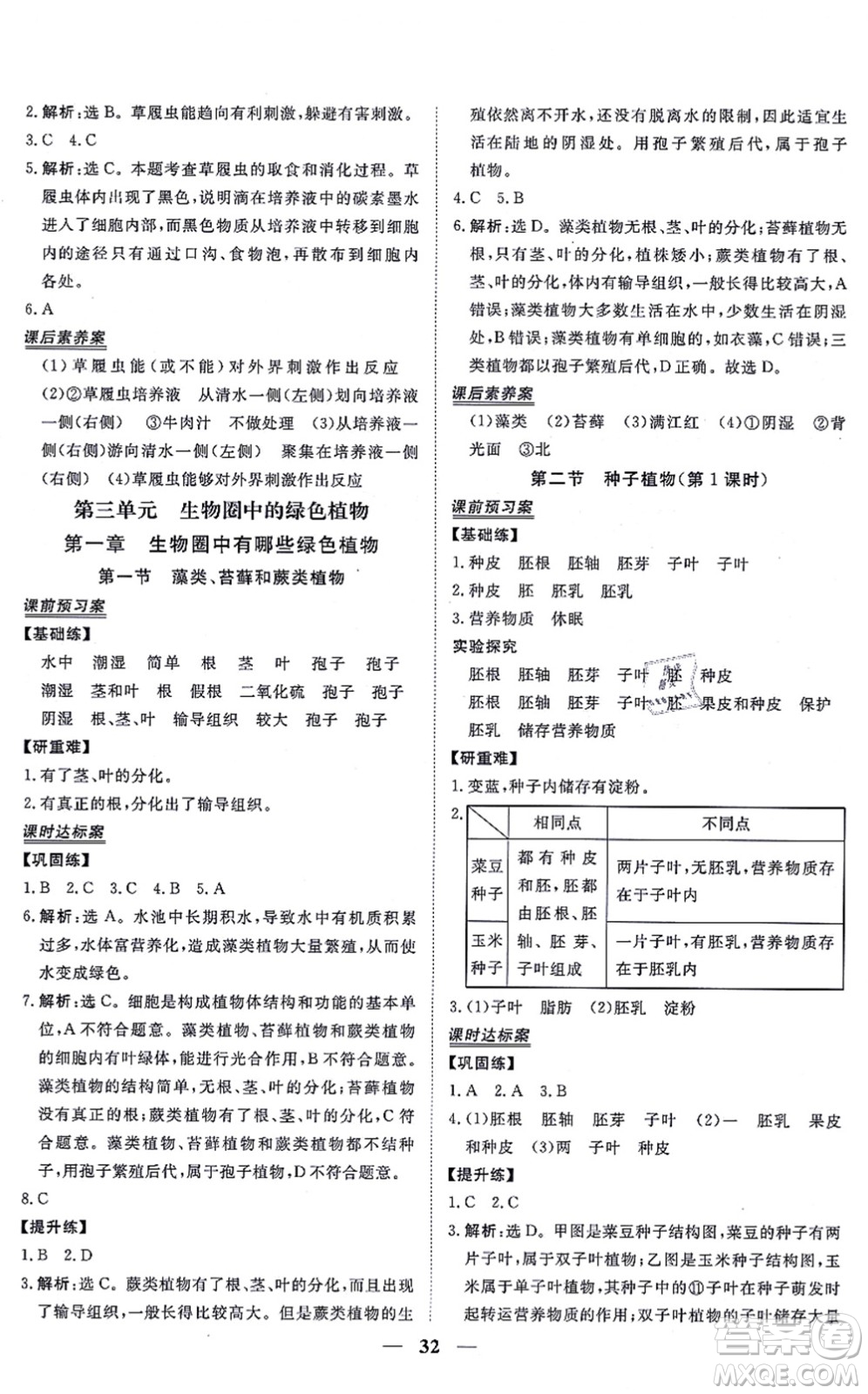 青海人民出版社2021新坐標(biāo)同步練習(xí)七年級(jí)生物上冊(cè)人教版青海專用答案