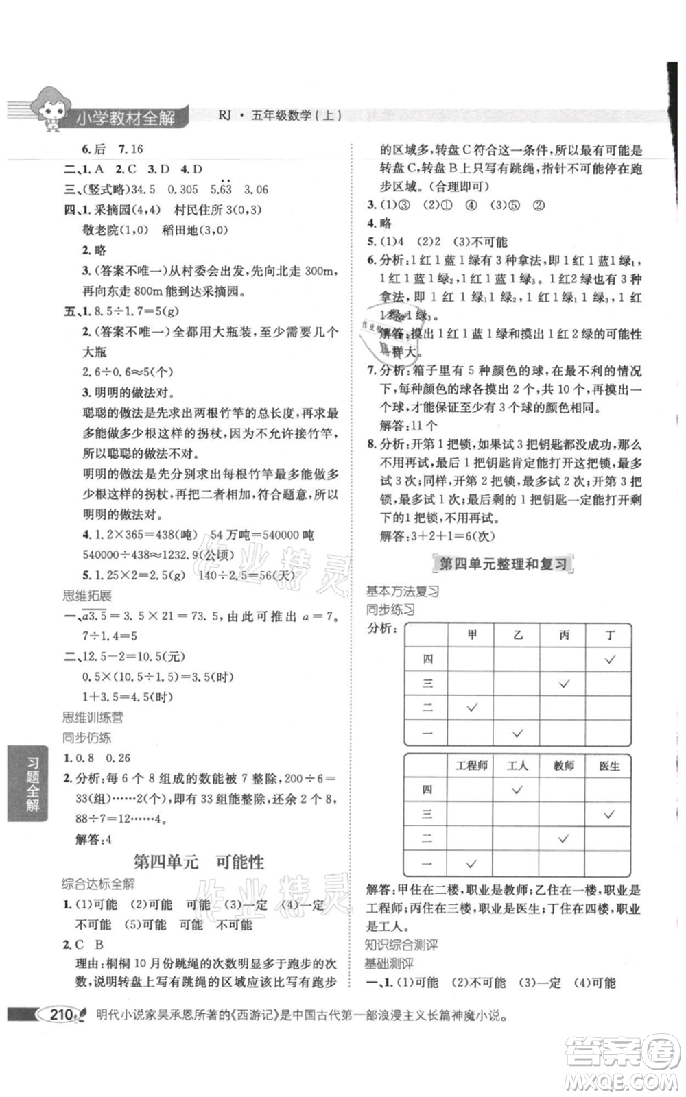 陜西人民教育出版社2021小學教材全解五年級上冊數(shù)學人教版參考答案