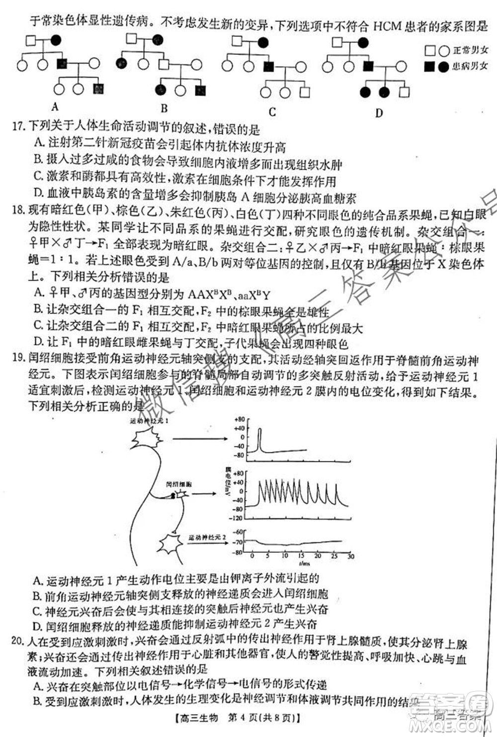 2021-2022年度河南省高三階段性檢測四生物試題及答案