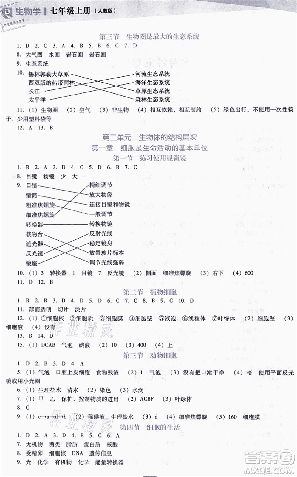 遼海出版社2021新課程生物能力培養(yǎng)七年級上冊人教版D版答案